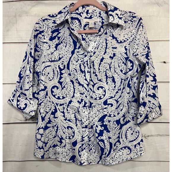 Chico's Tops - Chico's No-iron size 0 top blue white paisley button up 3/4 sleeve